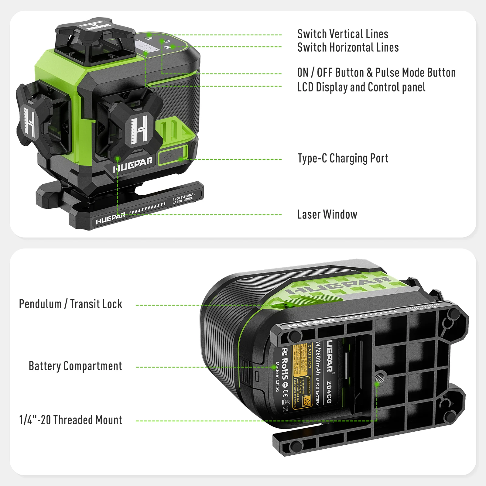 Huepar Z04CG Green Beam Laser Level - Precision & Versatility