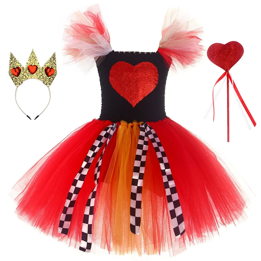 2022 Girls Halloween Cosplay Heart Queen Fluffy Dress Wonderland Heart ...