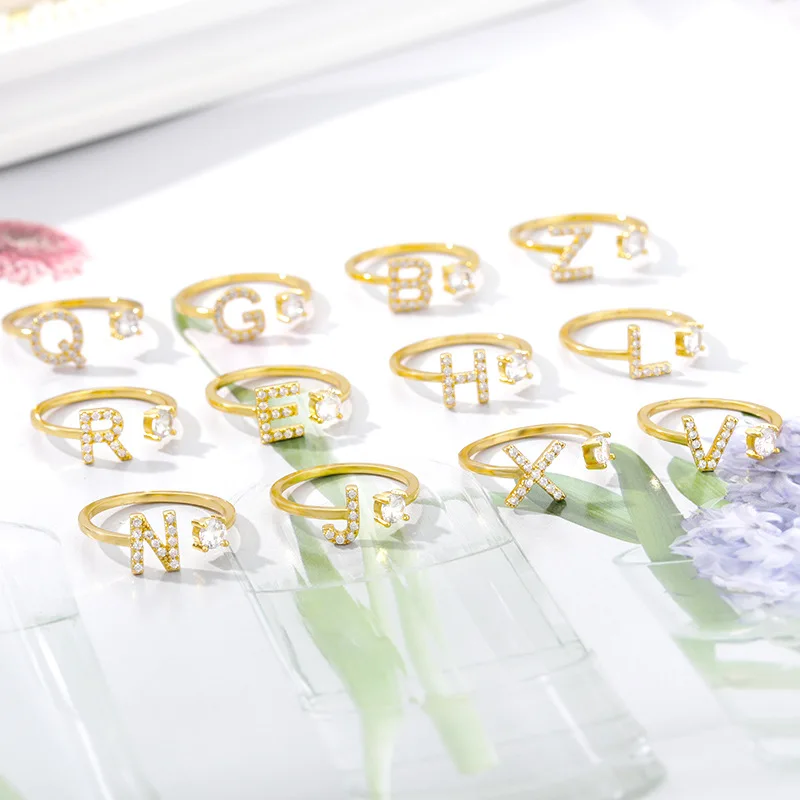 RSM005 Adjustable Stainless Steel Finger Ring with Gold Plated Oval Cut Diamond Initial Initial 'A' Ring