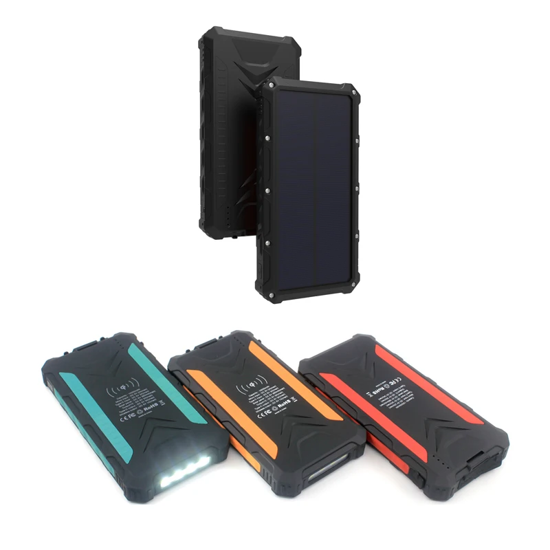 High quality portable solar mobile charger USB wireless charging outdoor waterproof and illuminated power bank