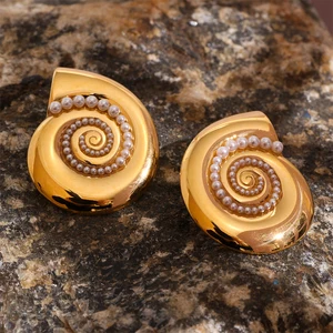 18K Gold Coated Snail Shell Earrings Unique Animal Stainless Steel Jewelry Pearl Minimalist Nature Inspired Trendy Gift for Her
