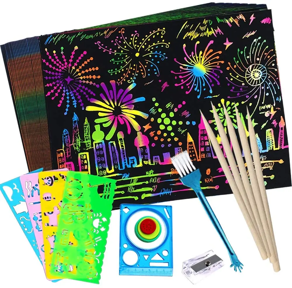 Enfants Craft Activity Set Rainbow Scratch Art Coloriage Pochoir Autocollants Enfants 
