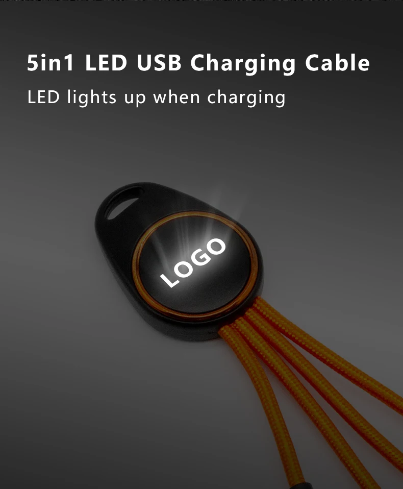 Promotional Braided 5 in 1 Logo Engrave USB Cable For Keychain Luminous LED Light Micro USB Type C Mini Fast USB Charging Cable