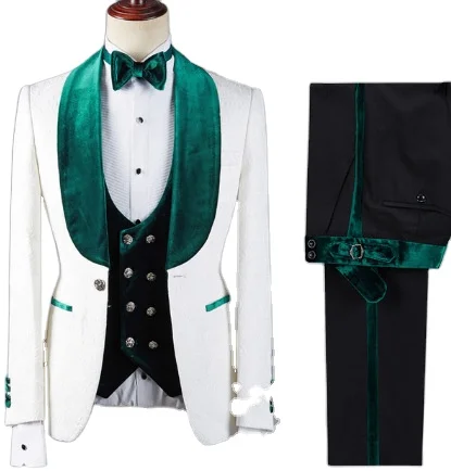 White Burgundy Men Suits Green Velvet Lapel Costume Homme Marriage Slim Fit Tuxedo Wedding Groom Terno Masculino Blazer 3 Pieces