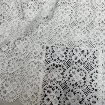 High Quality White Water Soluble Guipure Lace Fabric with Sequins Beads Embroidered Mesh Wedding Decorations Dresses Clothing