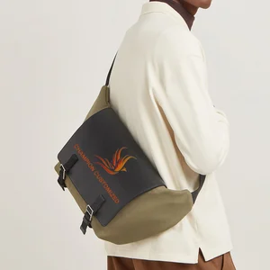 Custom Logo Large Canvas With Leather Mens Fashion Crossbody Chest Pack Flap Messenger Bag for Men