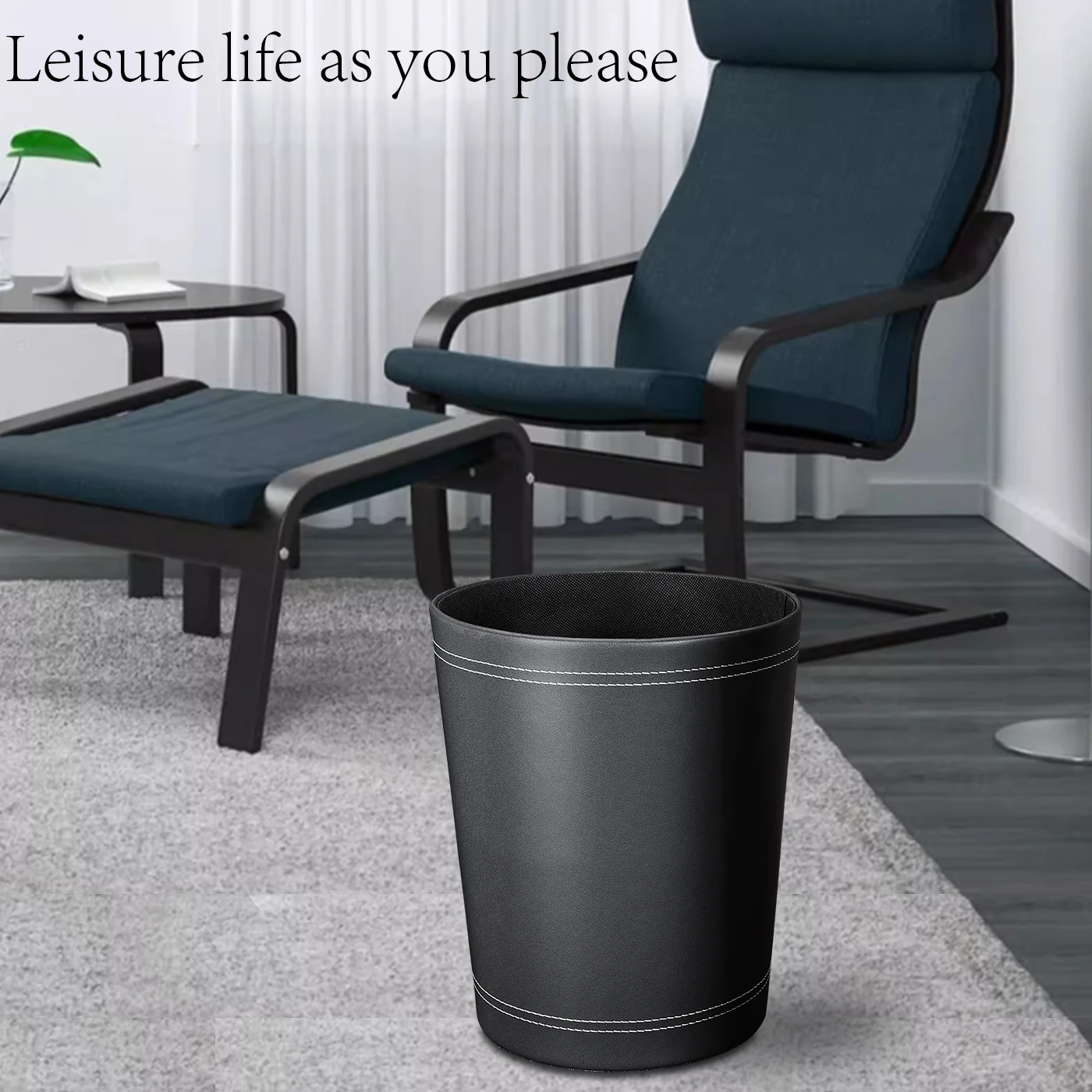 Круглый бытовой контейнер для мусора с открытым верхом из кожи и бумаги