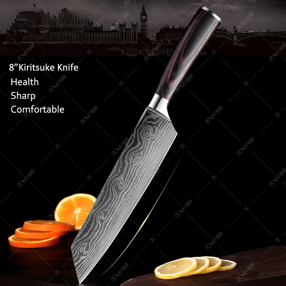 Kitchen Knives Chef knife 1-10 Pcs Set Cheap Laser Damascus Pattern Sharp  Japanese Santoku Knife Cleaver Paring Bread Knife