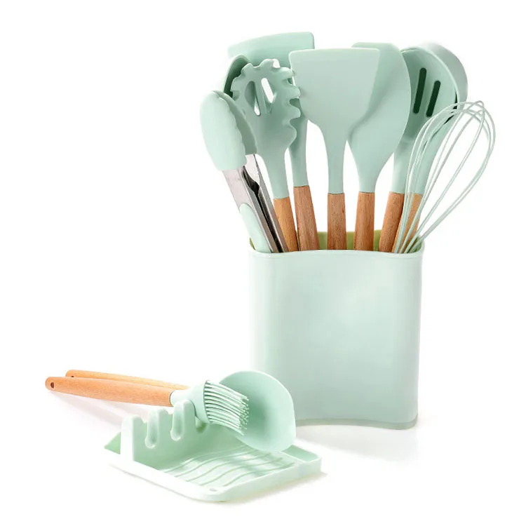 Popular Design Nonstick Rainbow Kitchen Wood Accessories Holders 12 Pcs Silicone Cooking Kitchen Utensils Set for Countertop