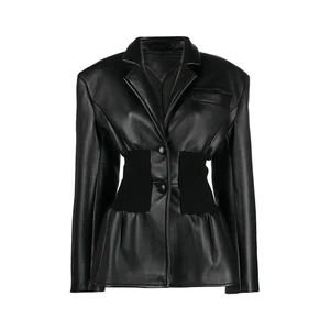 Custom Women's PU Leather Jacket New Stitching Knitted Waist Suit