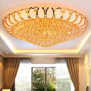 Luxury Large Lighting Living Room Crystal Hanging Lamps Hotel Gold Lotus Statue Round Ceiling Chandeliers Lights
