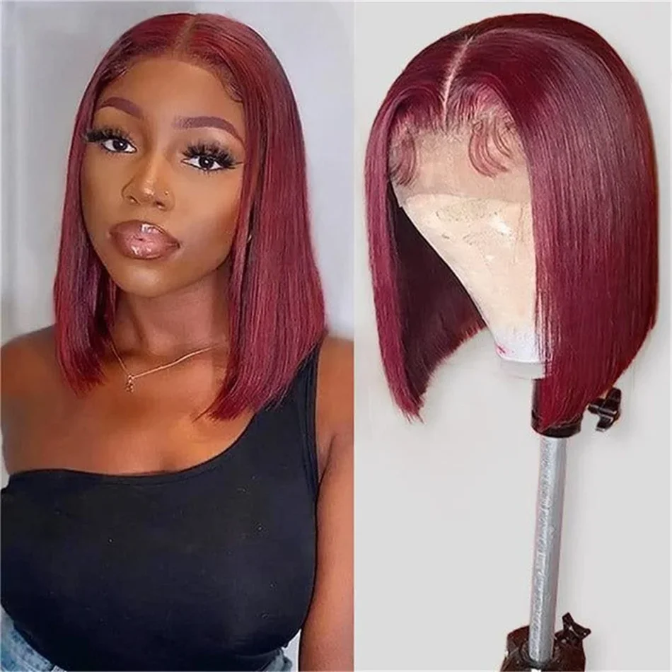 Kurze Bob Perücke Echthaar Perücken für Frauen Burgund 13x4 Spitze vorne 99J brasilianischen Pre gezupft_voghion.com