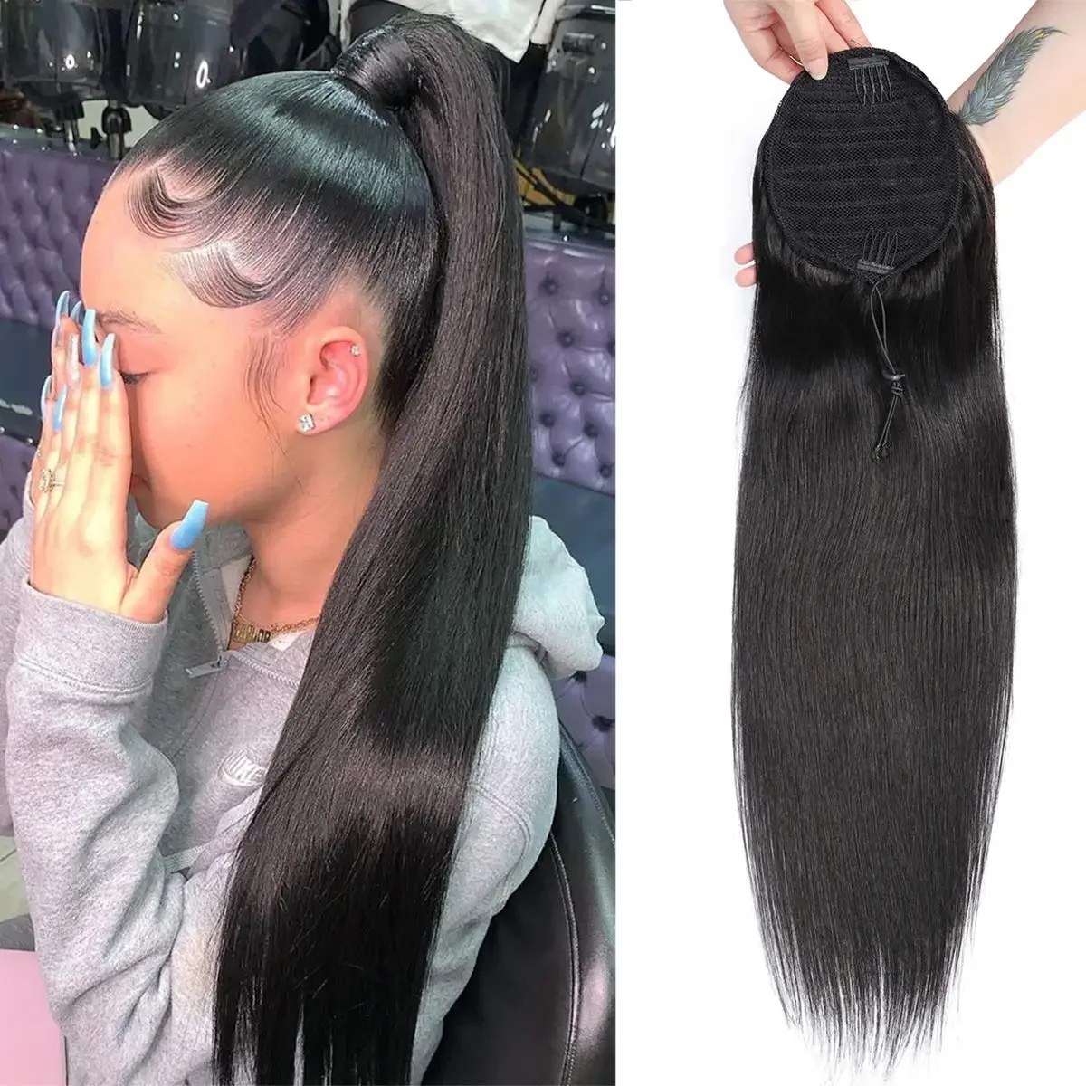 Pferdeschwanz-Extensions aus Echthaar mit Clip, 16–26 Zoll, natürliche Farbe, glatt, mit Kordelzug für Frauen_voghion.com
