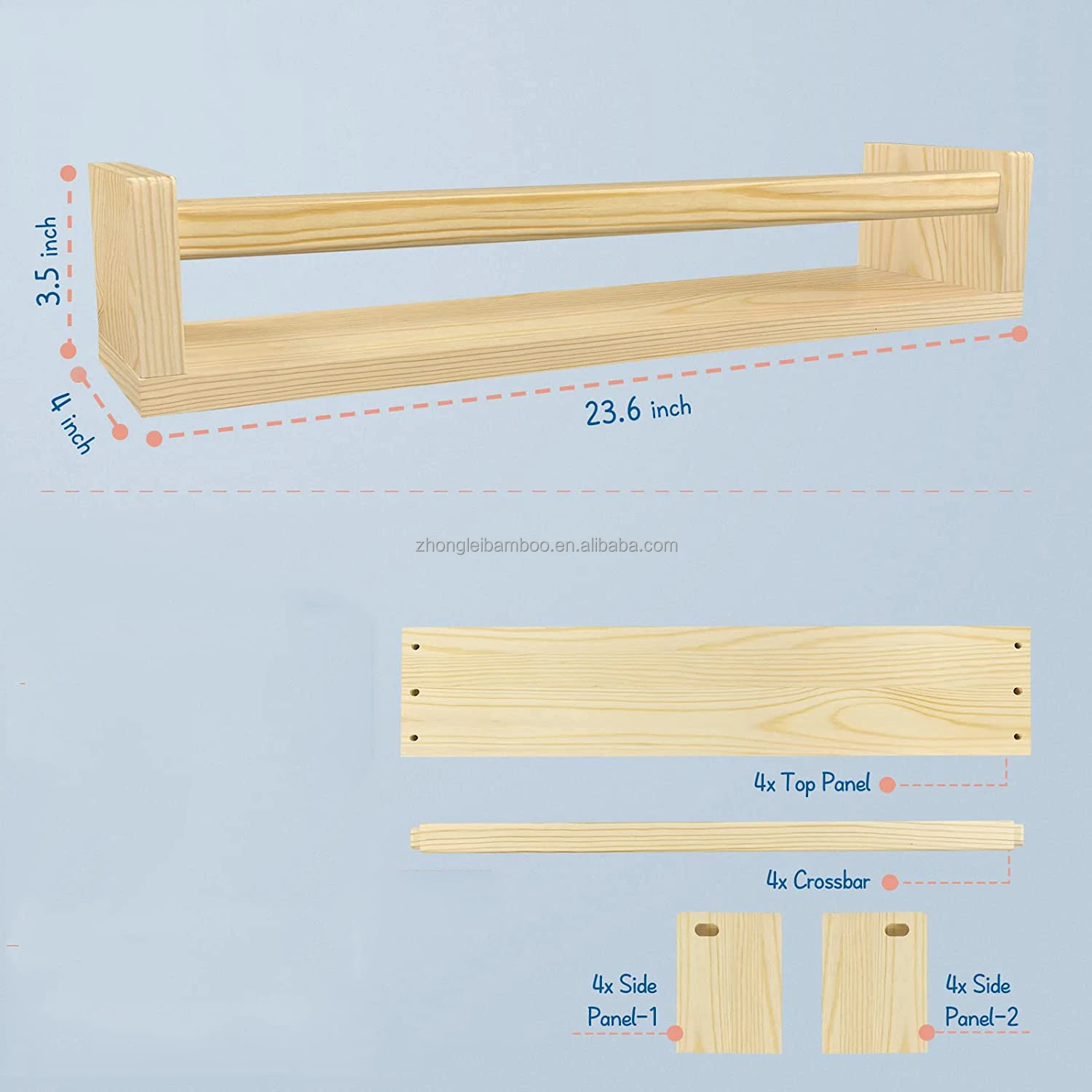 Natural Wood Nursery Bookshelves For Wall 24 Inches Long Floating Book