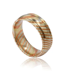Yellow Gold Copper Mixed Unique Damascus Design Mokume Gane Men`s Wedding Band