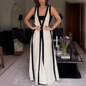 Wholesale Summer Ladies Elegant V-neck Sleeveless Striped Knitted Dress Double Sided V-neck Contrast Casual Dress