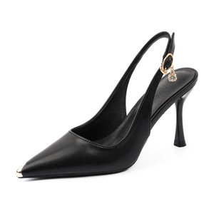 Black Microfiber Pointed Toe Stiletto Heel Slingback Sandals, 8.5CM Heel with Crystal Charm for Summer
