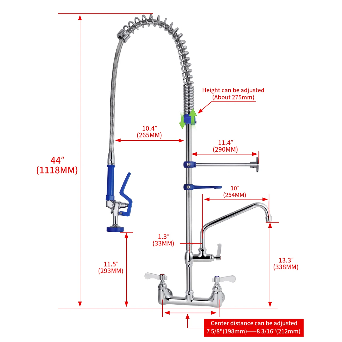 38\" Commercial Kitchen Faucet Three Handle Wall Mounted 360 Degree Rotation Hot Cold Mixer Hand Spray Flexible 2 Holes supplier