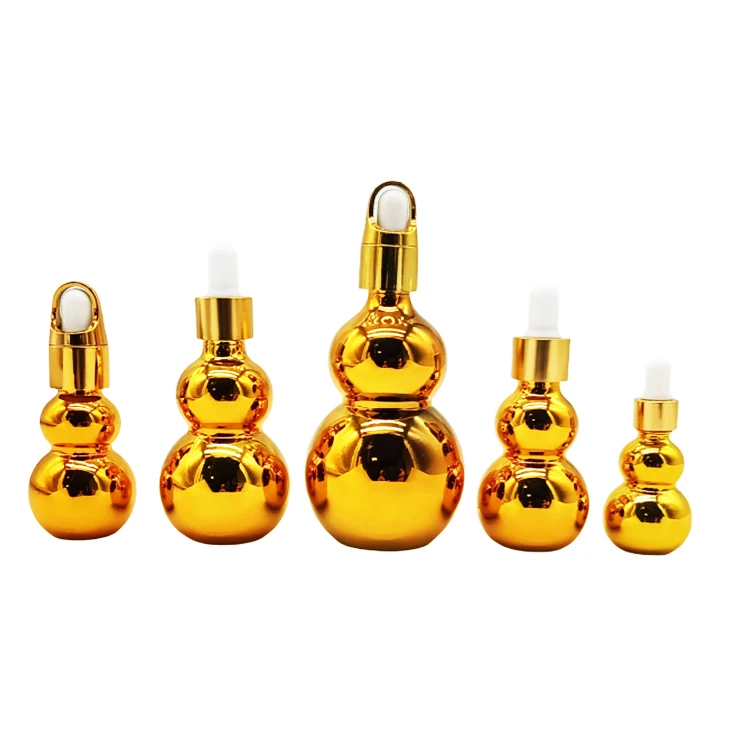 Wholesale Sell 10ml 20ml 30ml 50ml 100ml luxury gourd shaped gold plated glass essential oil bottle with dropper cap