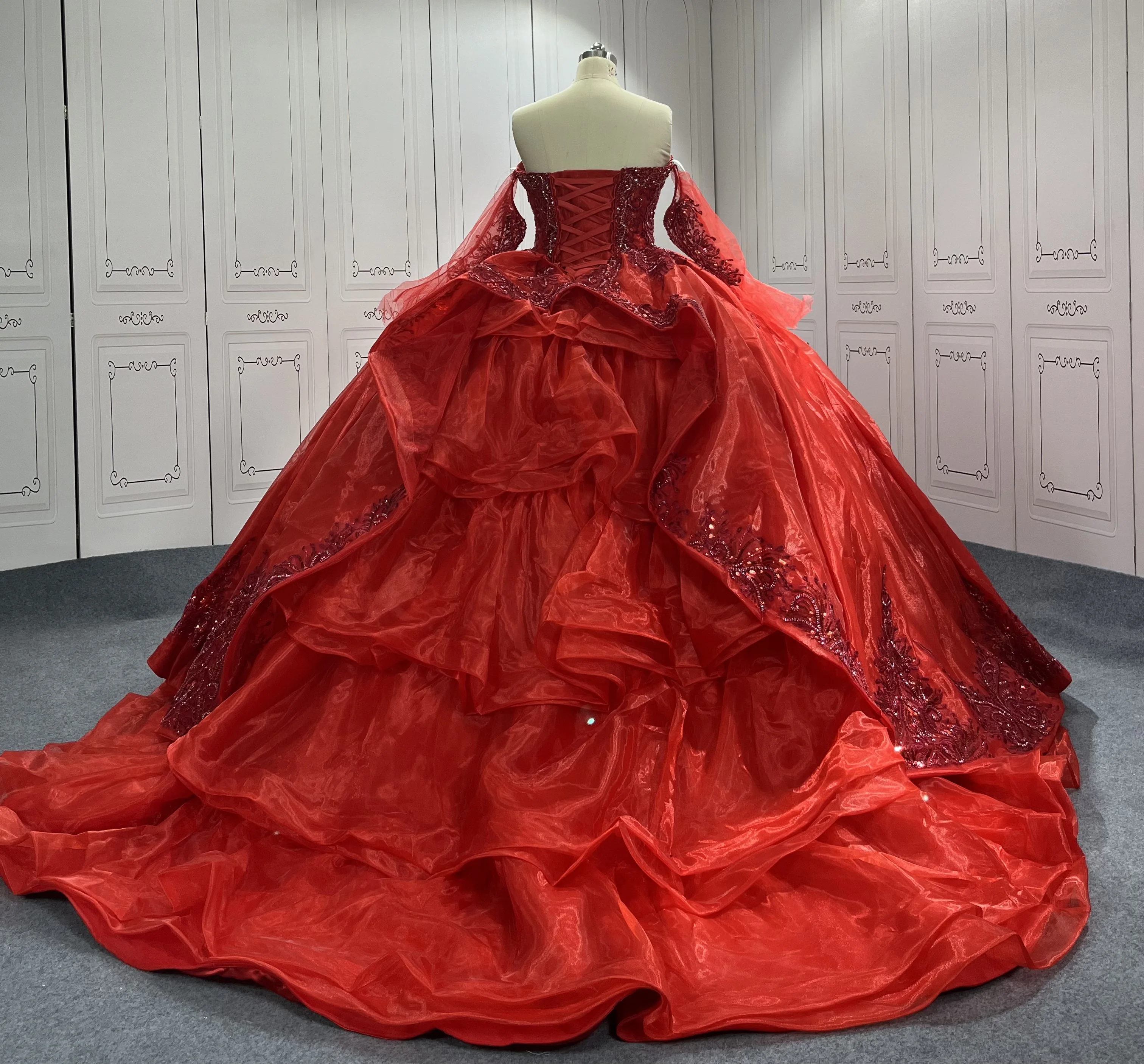 red dress with gold trim Ellie Wilde EW35084 Prom Long Ball Gown Layered Glitter Formal Dress – The  Dress Outlet main image 0