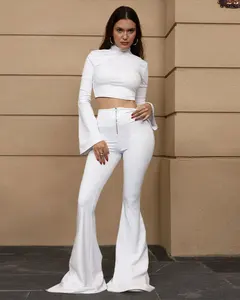 Women's Two Piece Sets Autumn Streetwear High Waist Stretchy Sportswear Crop Tops and Flared Pants Matching Outfits