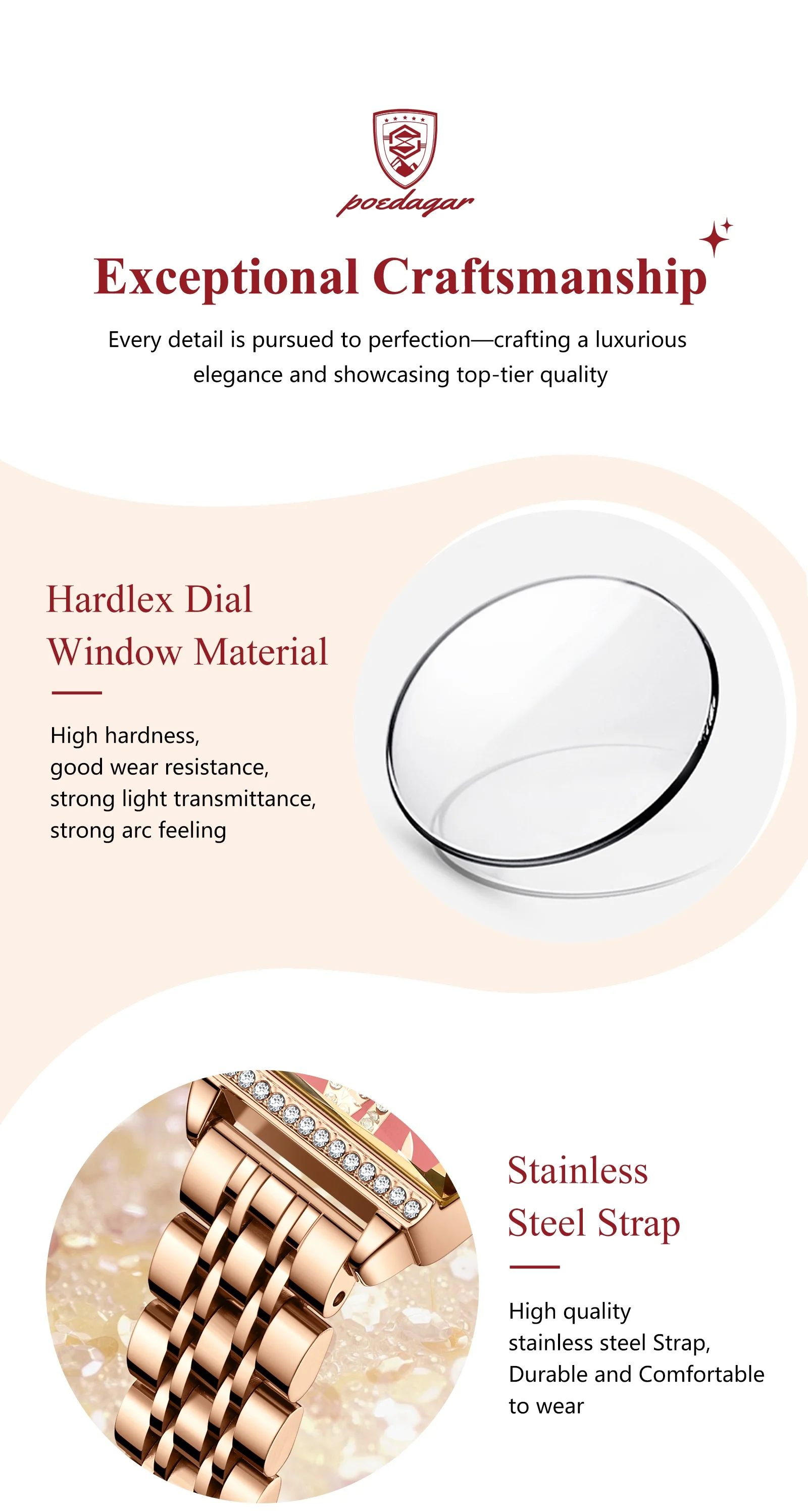POEDAGAR 795 Tonneau Dial Women Fashion Watch Rose Gold Luxury Quartz Stainless Steel Strap Watches 30M Waterproof Diamond Clock