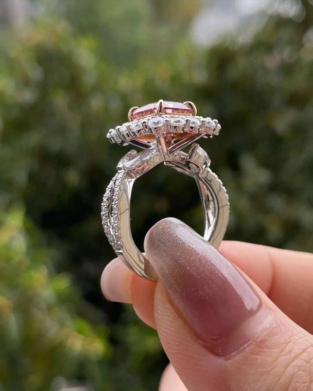 Luxury 2.13 Ct  Radiant Cut Orange Pink Lab Diamond Ring with Side White DEF Diamond 18K Gold White Proposal Gift