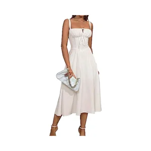 Women's Floral Midi Corset Dress 100% Cotton Chiffon Spaghetti Strap Lace Flowy Slit Natural Waist Breathable Wedding Tea Party
