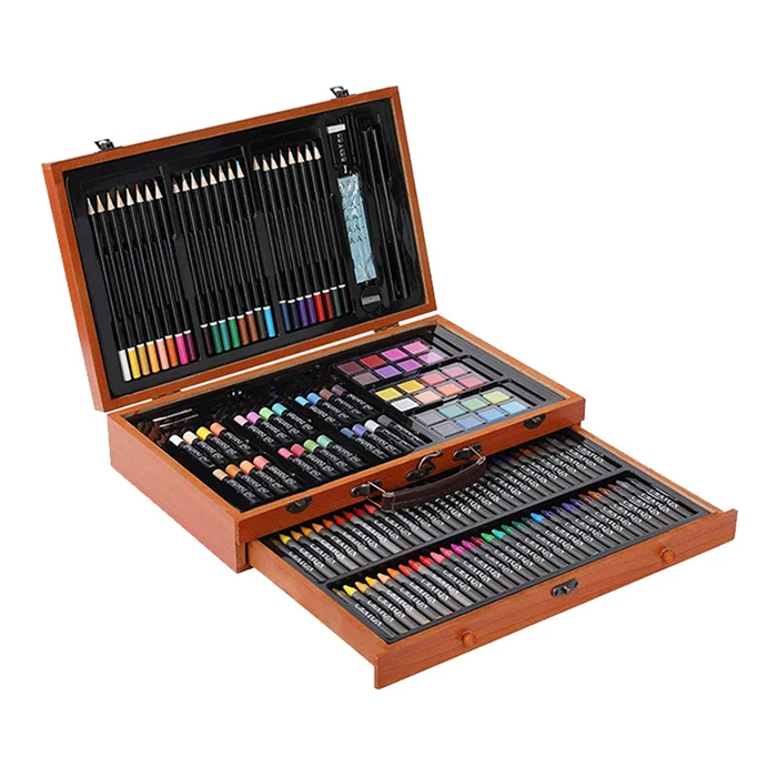 Oil Painting Stick Crayon Color Pencil Palette Brush Pencil Sharpener Eraser 142pcs Drawing Wooden Box Set