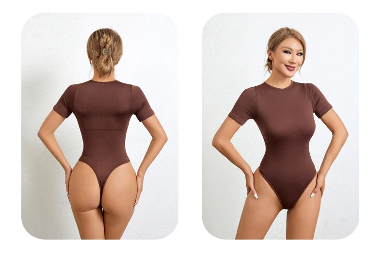 Custom Gym Women Round Neck Seamless Sleeved Thong Panties Tummy Control Shapewear Bodysuit Underwear Waist Trainer Shaper manufacture