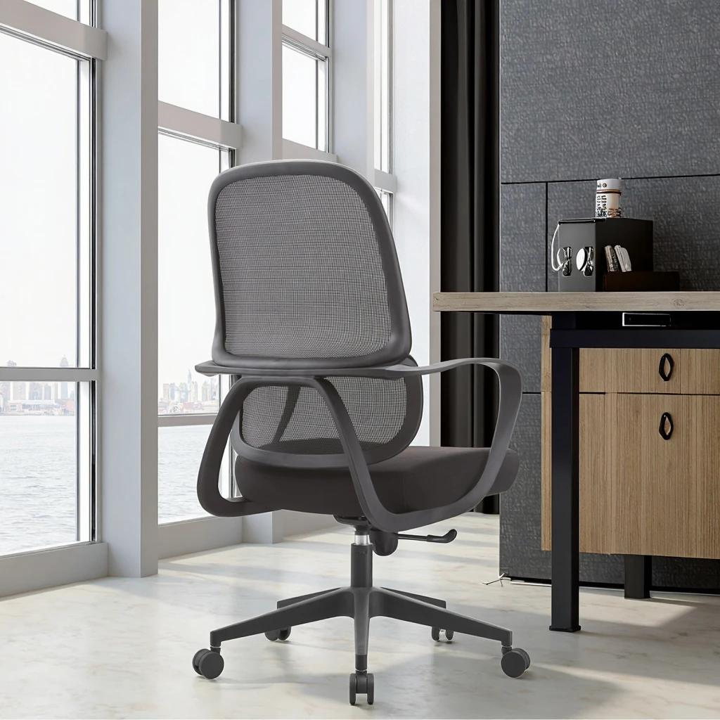 New Arrival 823B Black Rubber Mid-Back PU Modern Office Chair Height-Adjustable Lumbar Zone Reinforced Engineering Plastic Frame 6