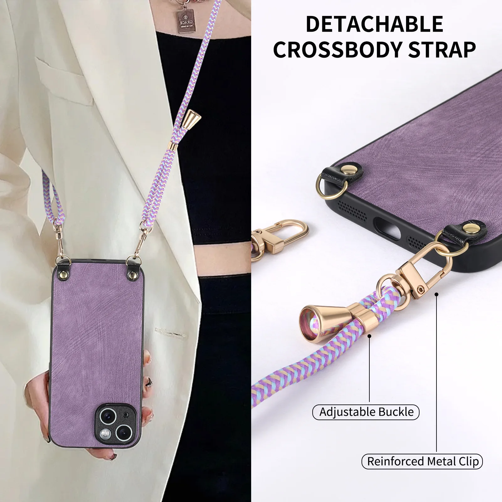 Shockproof Chain Crossbody Plain Leather Case With Wrist Strap And Lanyard For IPhone 17 AIR 16E 15 Pro Max_voghion.com