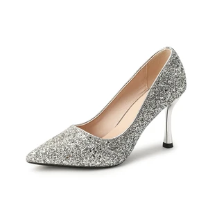 Stylish Silver Glitter Fabric Comfortable Summer Slip-On Pumps with Pointed Toe Stiletto Heel and Metallic Heel