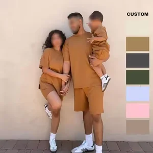 Summer Casual Cotton Family Outfits Mommy Dad Me Drop Shoulder T-Shirt Short Two Piece Set Plus Size Custom Matching Outfits
