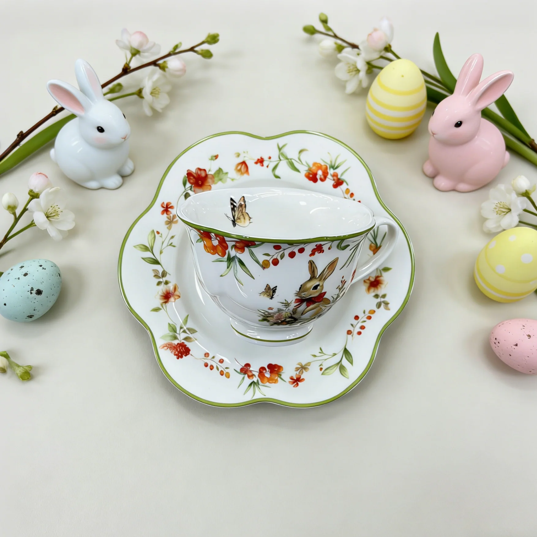 Easter Bunny Floral Butterfly Scalloped Edge Porcelain Tableware for Spring Afternoon Teacup & Saucer Set