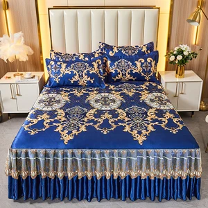 2026 Hot Sale Floral or Geometric Princess Queen King Size Bed Skirt and 2 Pillowcases Sets Luxury Bed Sheet Bedding Set