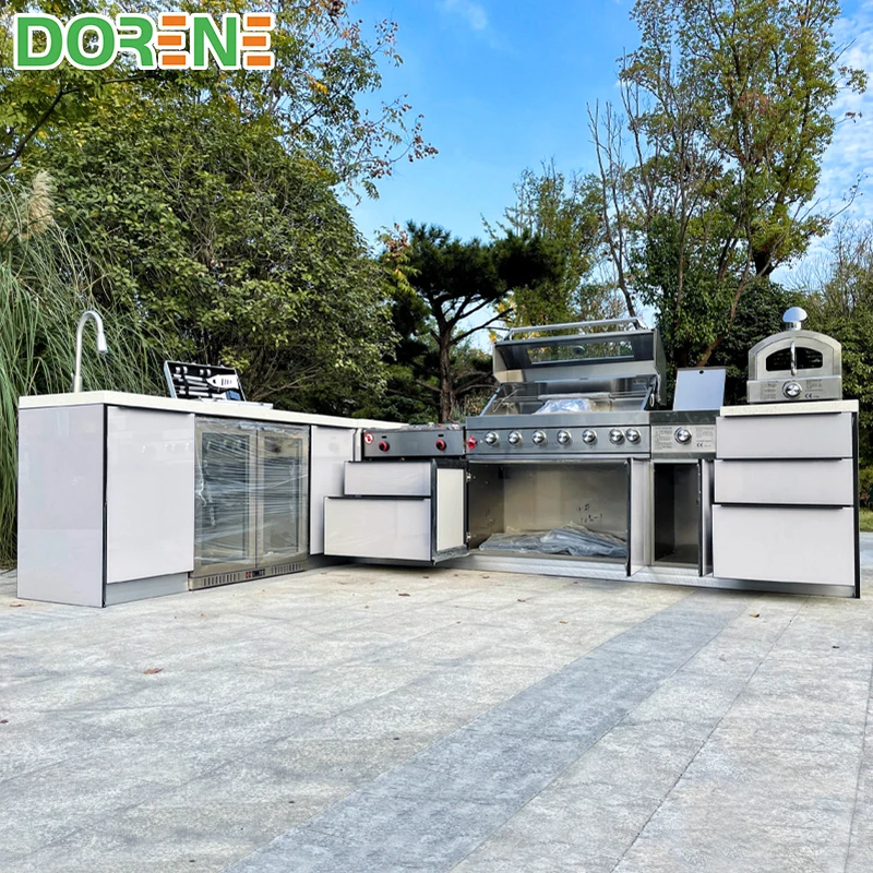 2021 Dorene Modern Modular L Shape Outdoor Mobile Camping Kitchens Island BBQ With Grill in the Garden