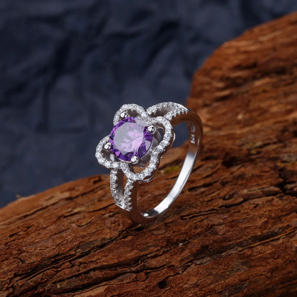Purple Diamond Flower Ring 925 Sterling Silver Girls
