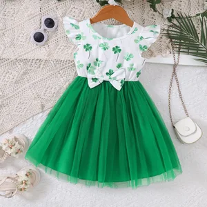ODM OEM Service Girls Princess Dress for Spring Summer O-Neck Clover Print Splicing Mesh Clothes for Kids