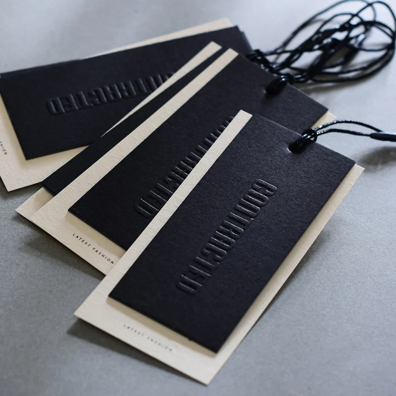 Luxury Custom Embossed Hang Tags 800gsm Black Cardboard Garment Tags Clothing Labels