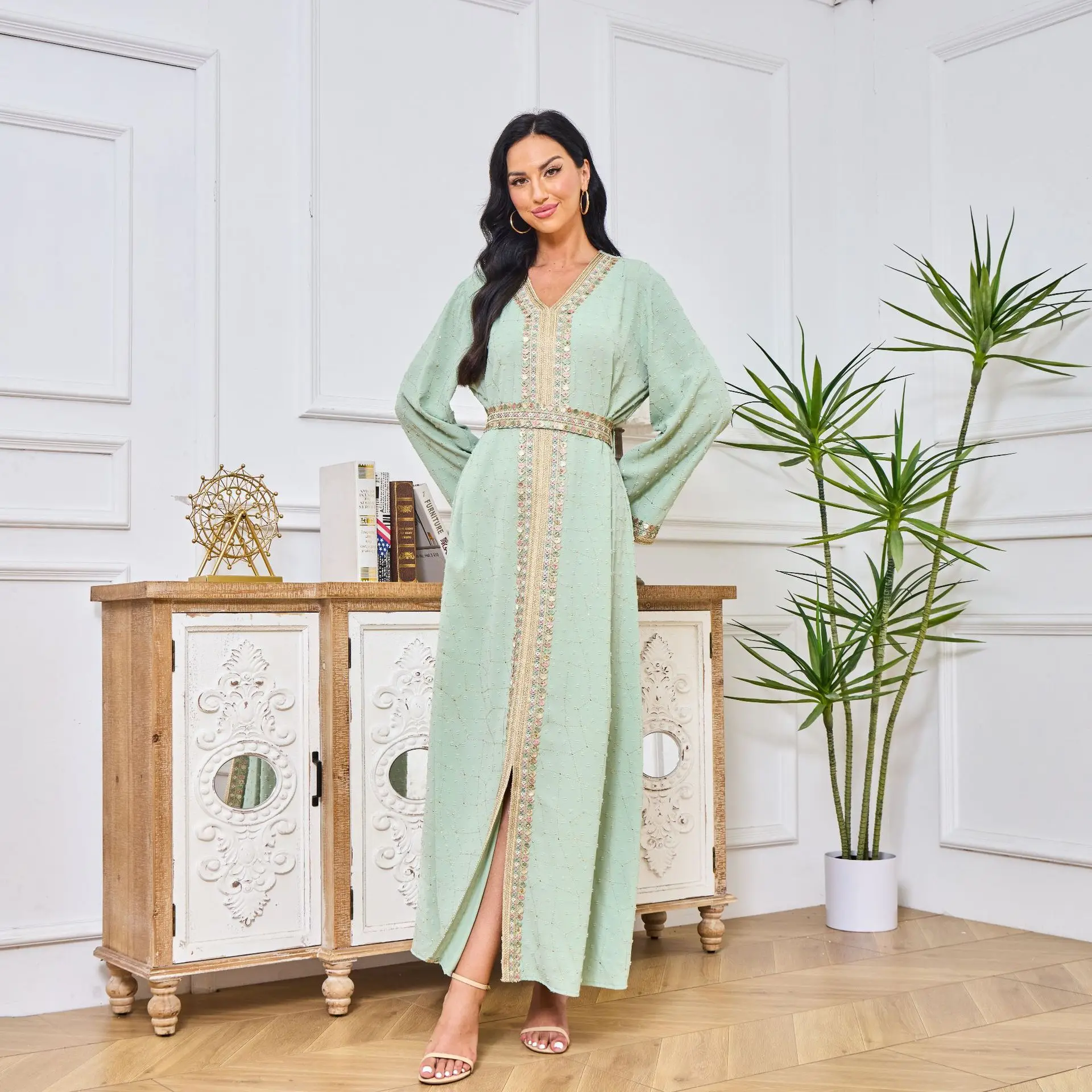 Light Green V Neck Hijab Kaftan Dress For Women - Odm Available| Min Order 10 ct