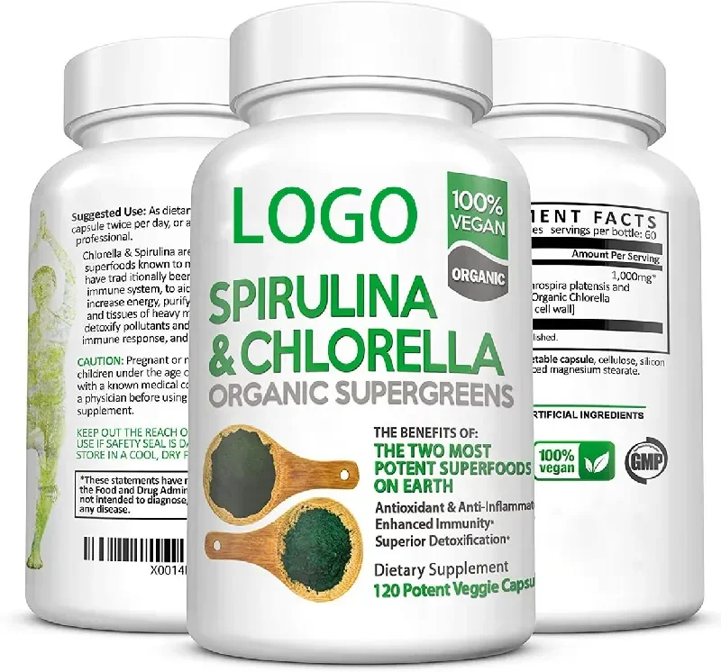 Premium Spirulina Chlorella Capsules Organic Supergreens Food Supplement Slimming Enhanced Immunity