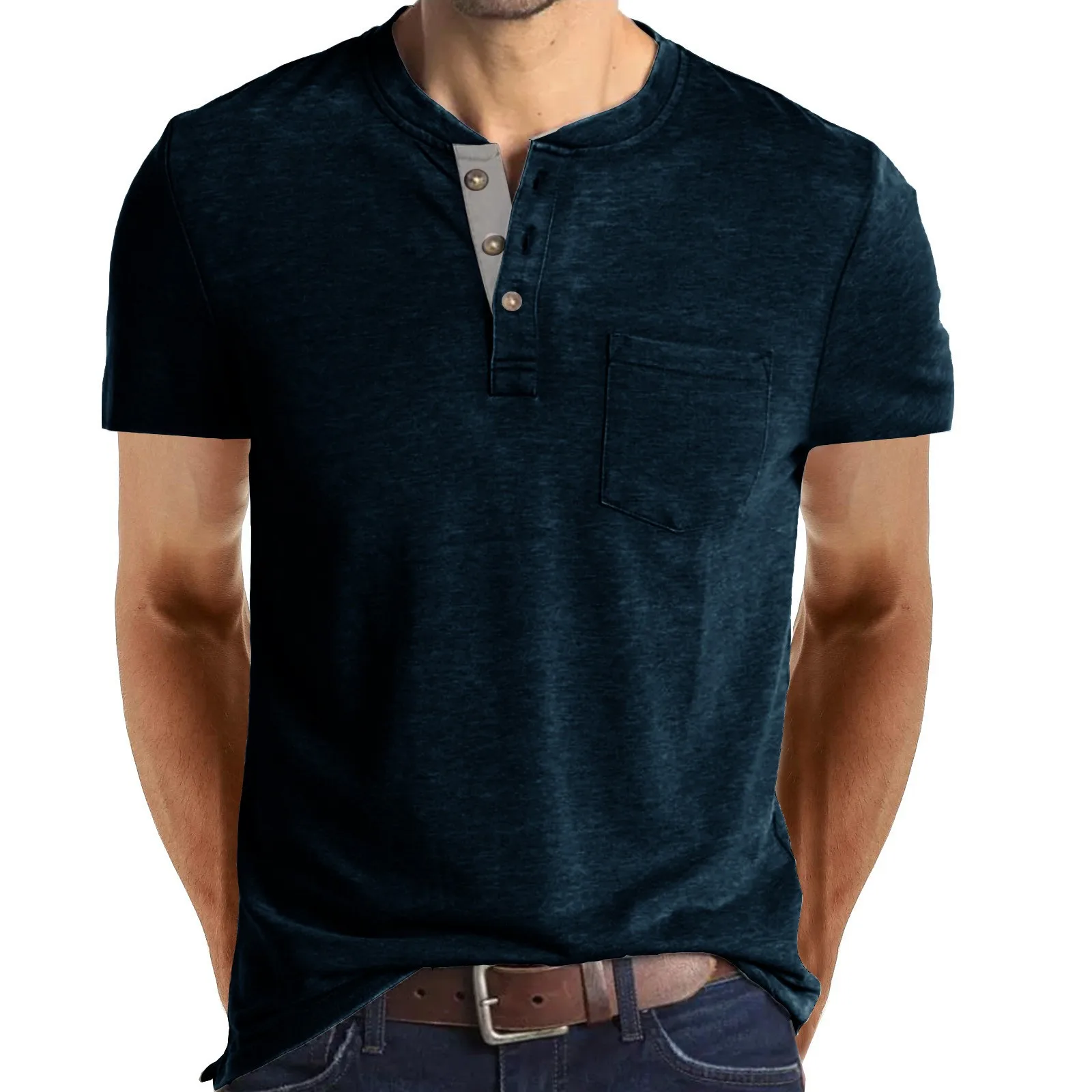 2023 Summer new button men's short sleeve t-shirt solid color loose collar polyester t shirt261_voghion.com