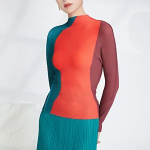 2025 Summer Latest Miyake Print Pleated Craft Top Women Fashion Printed Blouse Elastic Long Sleeve T-Shirt