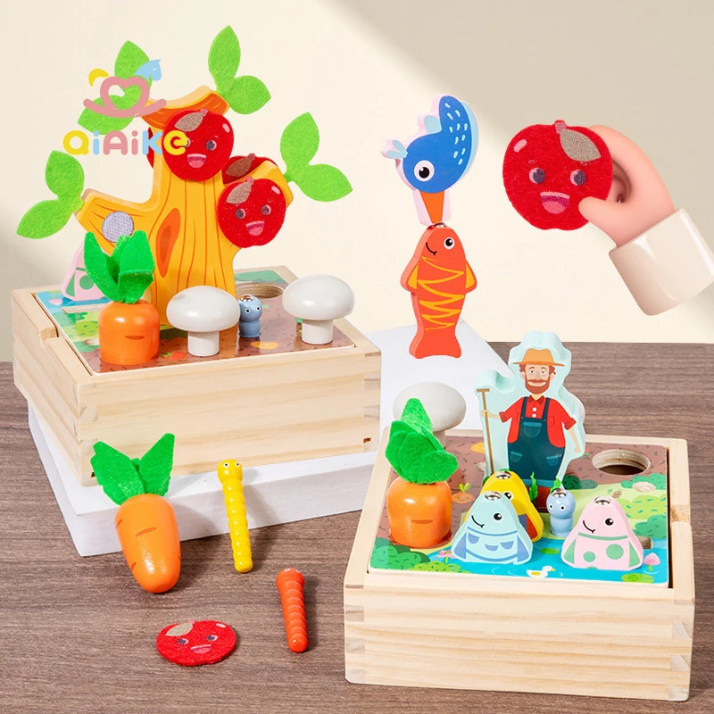 Children's Early Education Multifunctional Wooden Carrot Pulling Fishing Game Farm Orchard Insect Catching Wooden Toy Montessori