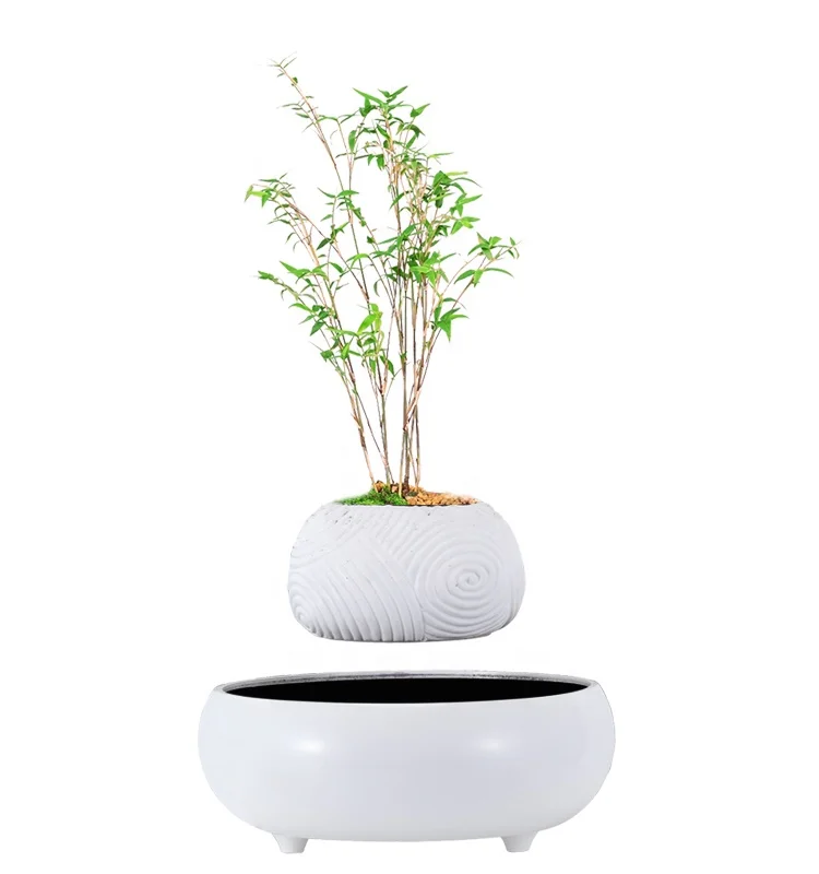 Nordic Unique Handmade White Ceramic-like Smart Decor Resin Garden Magnetic Floating Levitating Flower Pot Bonsai Pot