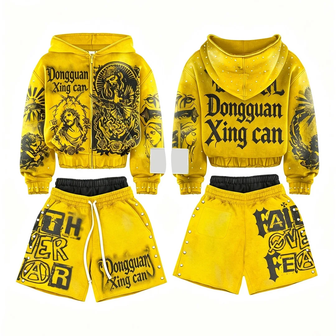Mandlig vintage acid wash hoodie og shorts-sæt med brugerdefineret broderi, strasskæde, street- og hip hop-inspireret, brugerdefineret tracksuit med digital trykning