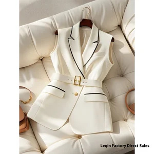 GX0426 Fashion Clothing Women Sleeveless Lapel V-neck Ladies Jacket with Belt