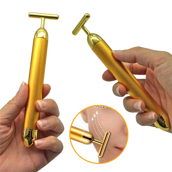 T Shape Energy Micro Vibrating Facial Roller Beauty Bar 24k Golden Pulse  Facial Massager