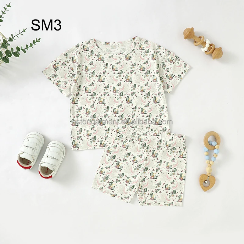 Custom Summer Soft Bamboo Solid Baby Clothing Set Short Sleeve Bamboo